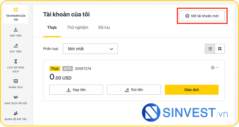 Mở tài khoản giao dịch mới trên sàn Exness