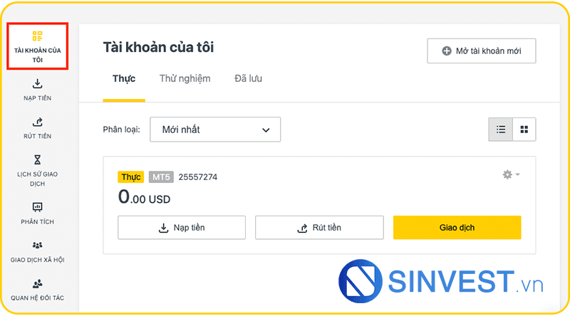 Trang quản lý tài khoản Exness