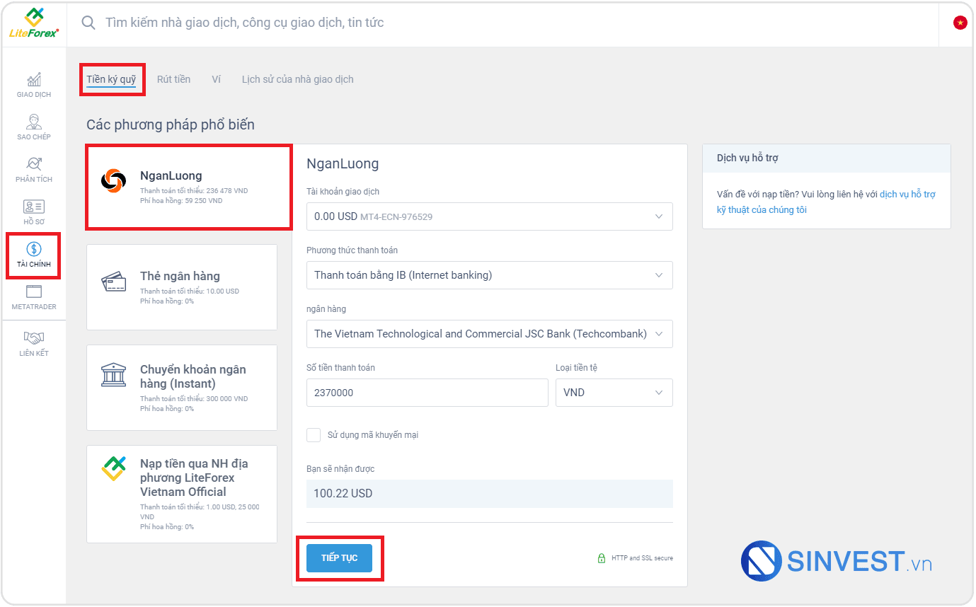hướng dẫn nạp tiền vào tài khoản sàn liteforex