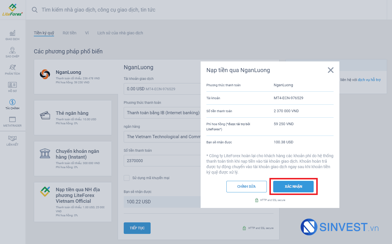 hướng dẫn nạp tiền vào tài khoản sàn liteforex