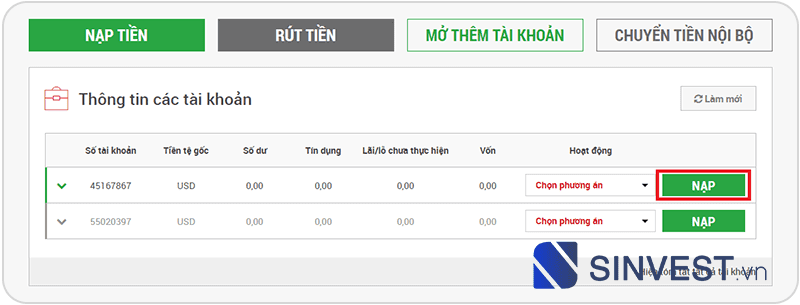 Chọn tài khoản XM để nạp tiền