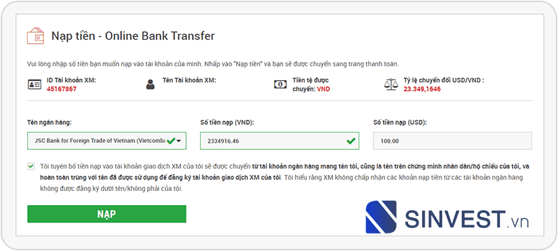 Chọn ngân hàng và số tiền nạp vào XM - Hướng dẫn nạp rút tiền sàn XM