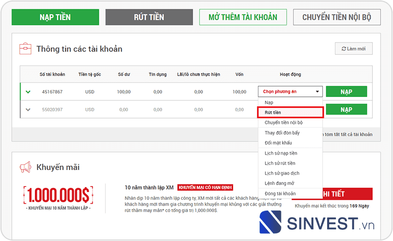 Hướng dẫn nạp rút tiền sàn XM