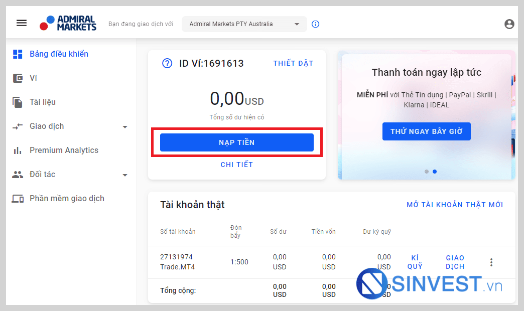 Chọn tài khoản để nạp tiền HƯỚNG DẪN NẠP TIỀN VÀO SÀN ADMIRAL MARKETS