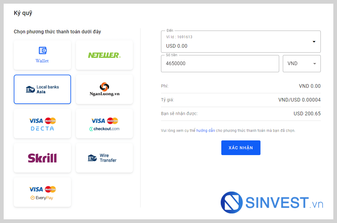 Chọn hình thức nạp tiền vào sàn Admiral Markets