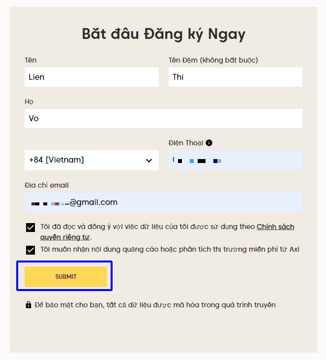Điền thông tin cơ bản Hướng dẫn mở tài khoản Axi chi tiết trên máy tính