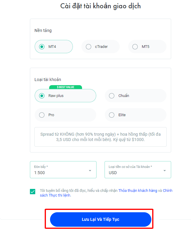 Cài đặt tài khoản giao dịch