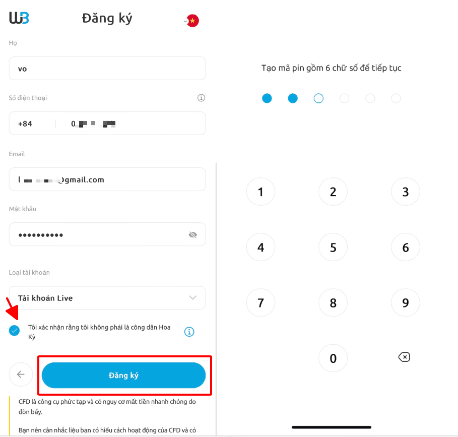 Đăng ký thông tin và tạo mã pin