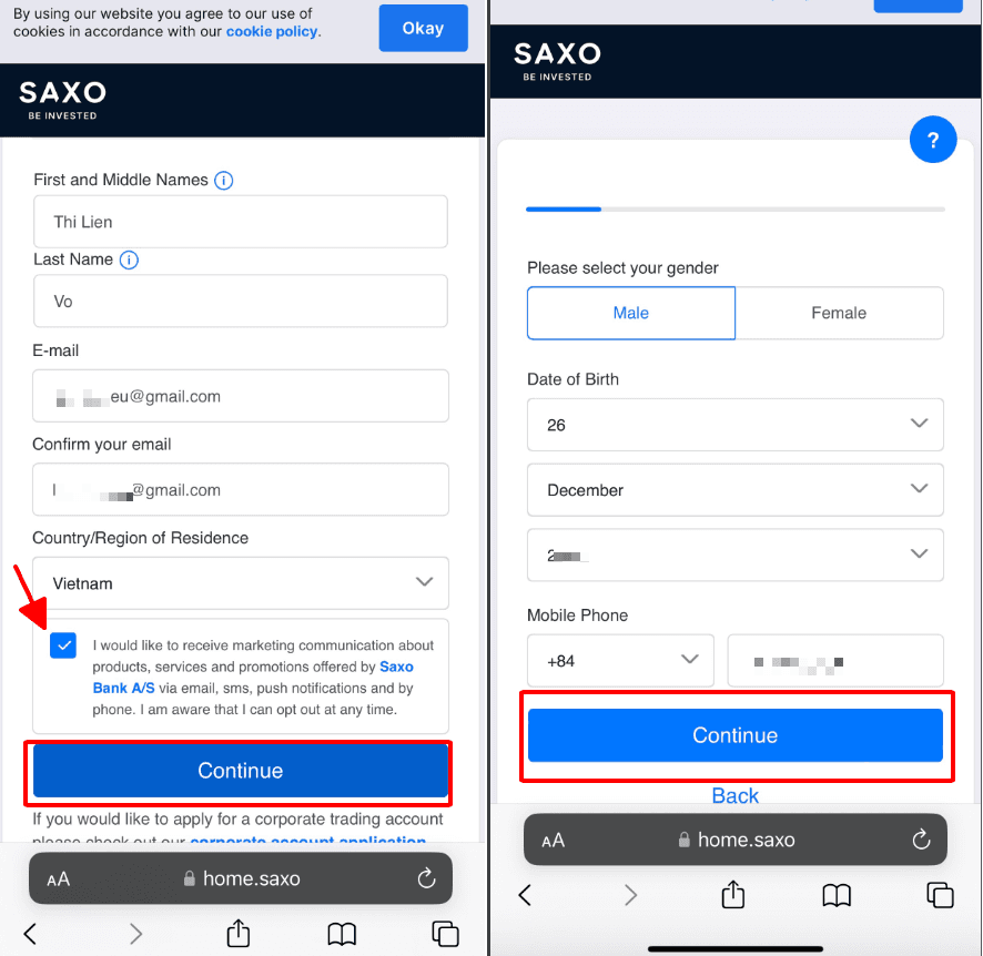 Điền thông tin cá nhân Hướng dẫn mở tài khoản Saxo Bank chi tiết trên điện thoại