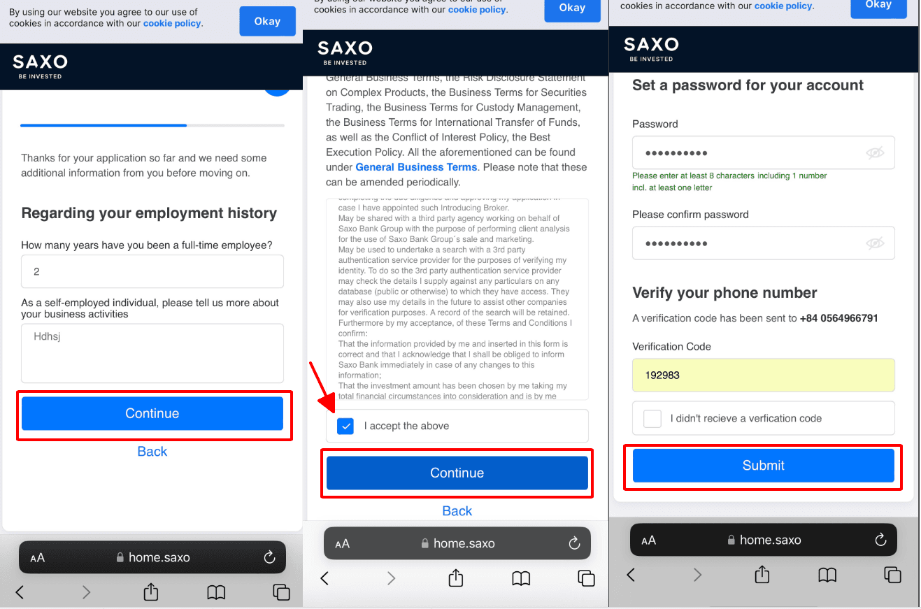 Xác nhận điều khoản và tạo mật khẩu Hướng dẫn mở tài khoản Saxo Bank chi tiết trên điện thoại