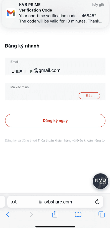 Đăng ký nhanh và xác thực email Hướng dẫn mở tài khoản KVB Prime chi tiết trên điện thoại