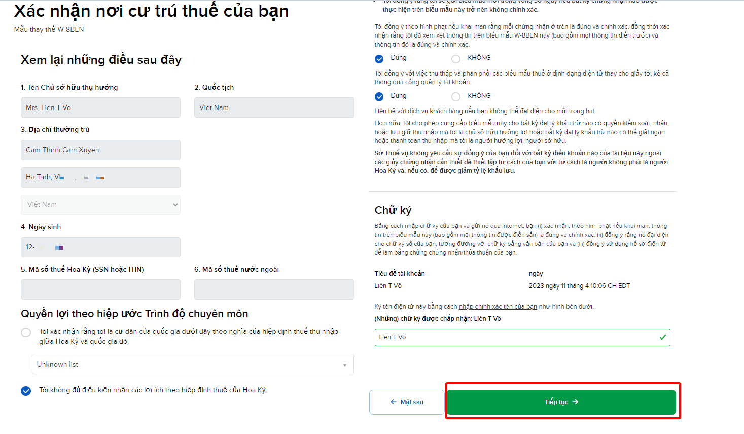 Xác nhận thông tin