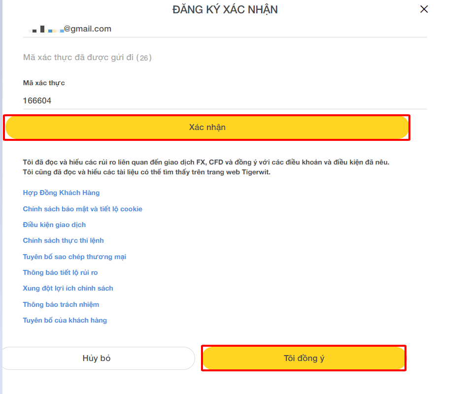 Xác thực Email và chấp nhận Hướng dẫn mở tài khoản TigerWit chi tiết trên máy tính