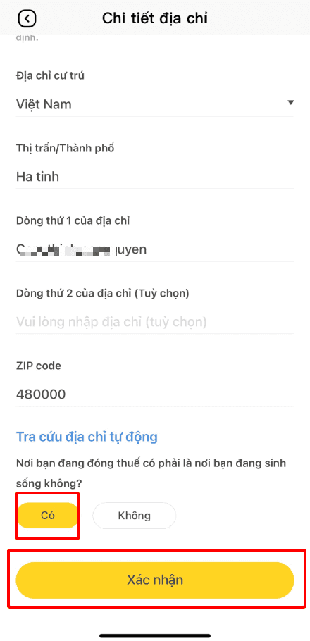 Điền thông tin địa chỉ
