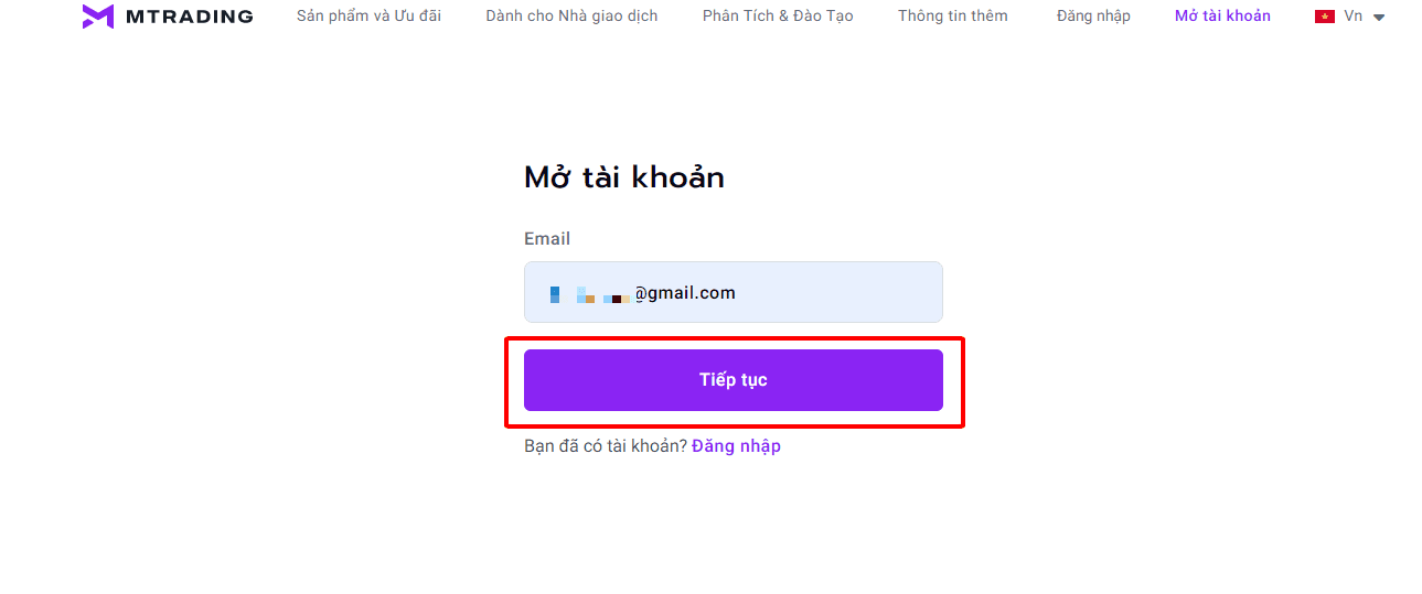 Điền Email mở tài khoản MTrading