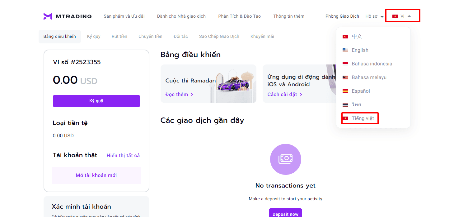 Thay đổi ngôn ngữ website MTrading