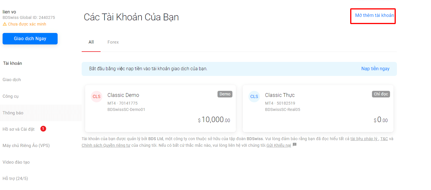 Hướng dẫn mở tài khoản giao dịch mới BDSwiss