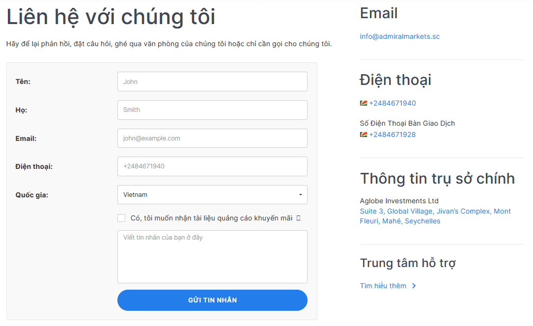 Liên hệ sàn Admiral Markets