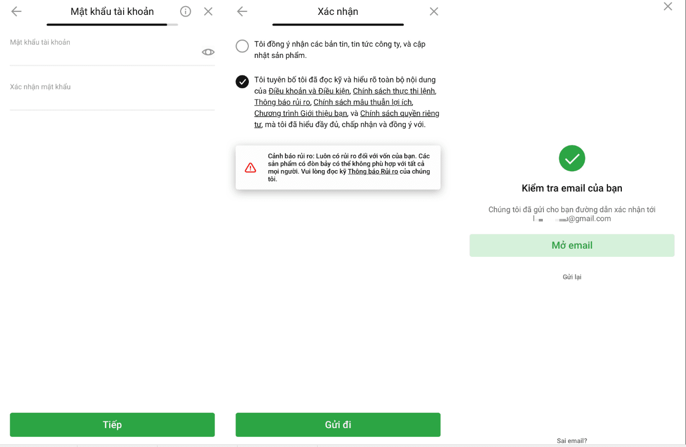 Điền mật khẩu và xác nhận email Hướng dẫn mở tài khoản XM chi tiết trên điện thoại