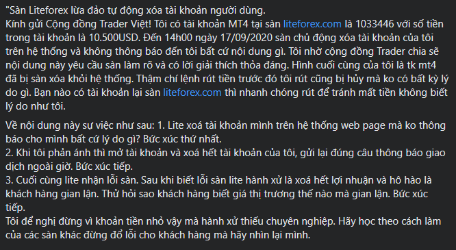 LiteForex xóa tài khoản người dùng