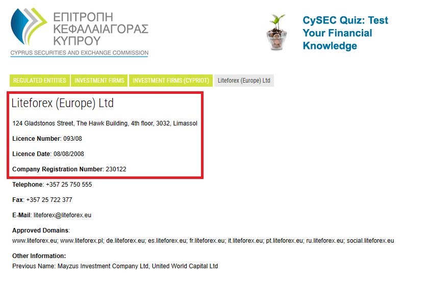 Giấy phép CySEC sàn LiteForex