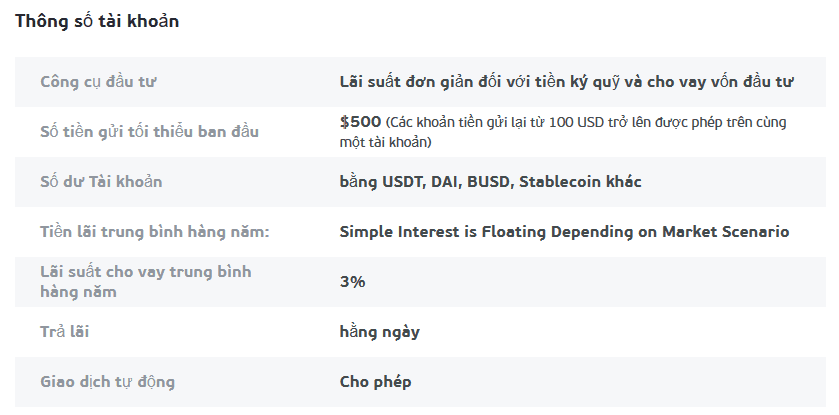 Thông số tài khoản Savings