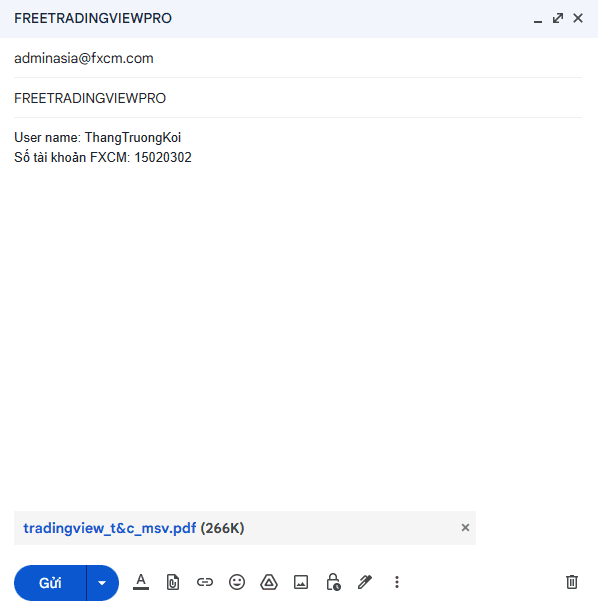Mail yêu cầu FXCM hoàn tiền khi đăng kí Tradingview Pro