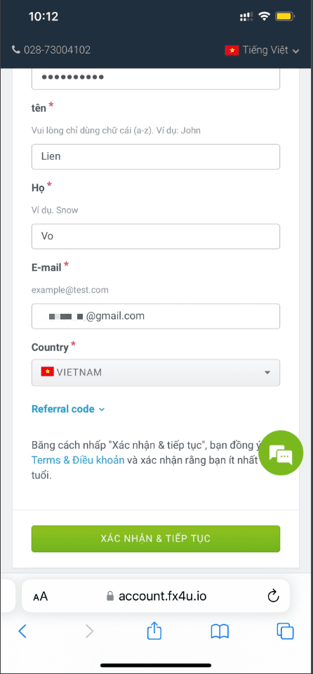 Điền các thông tin liên hệ Hướng dẫn mở tài khoản Forex4you chi tiết trên điện thoại