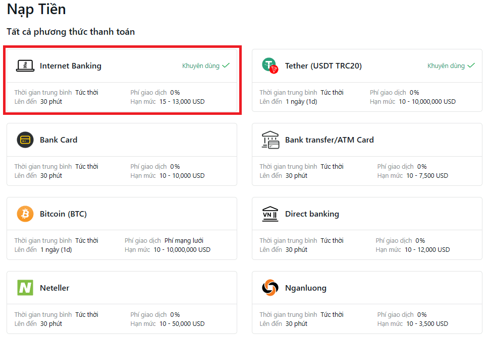 Nạp tiền qua Internet Banking