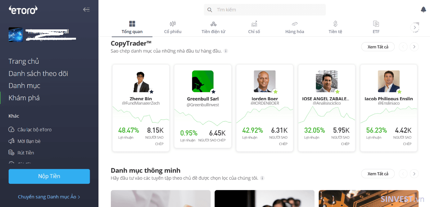 Giao diện nền tảng eToro
