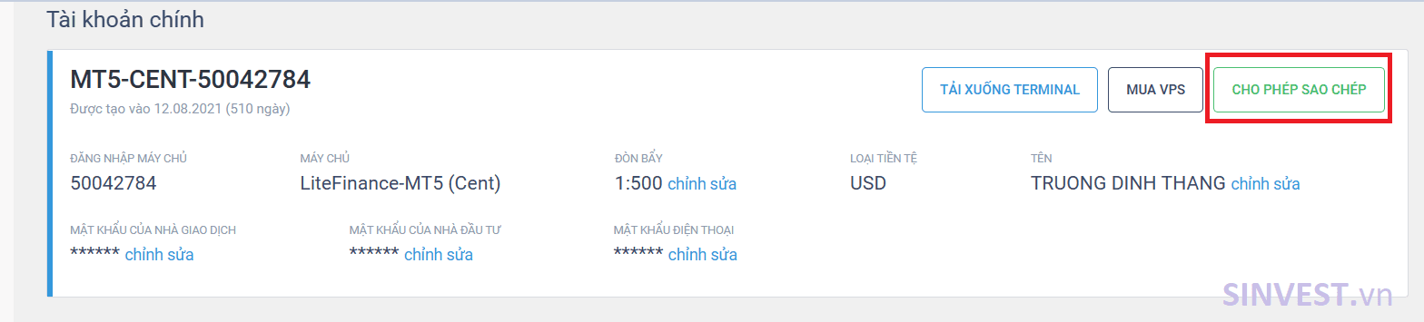 Thao tác chuyển qua tài khoản Master