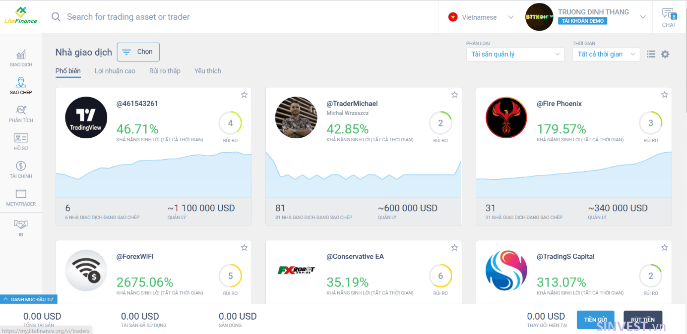 Giao diện Copy Trade sàn LiteFinance
