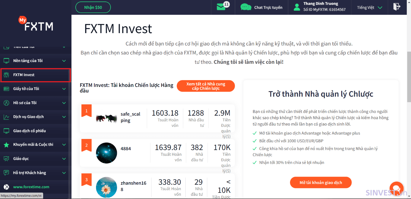Giao diện nền tảng FXTM – Invest