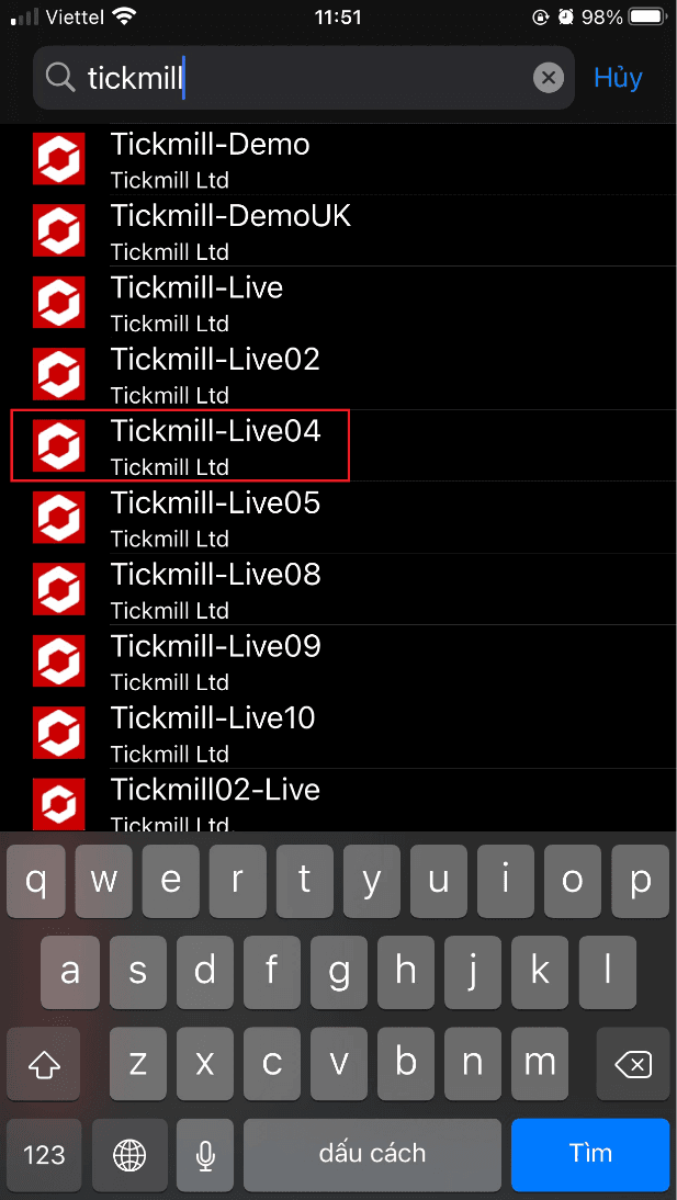 Đăng nhập MT4 Tickmill trên điện thoại