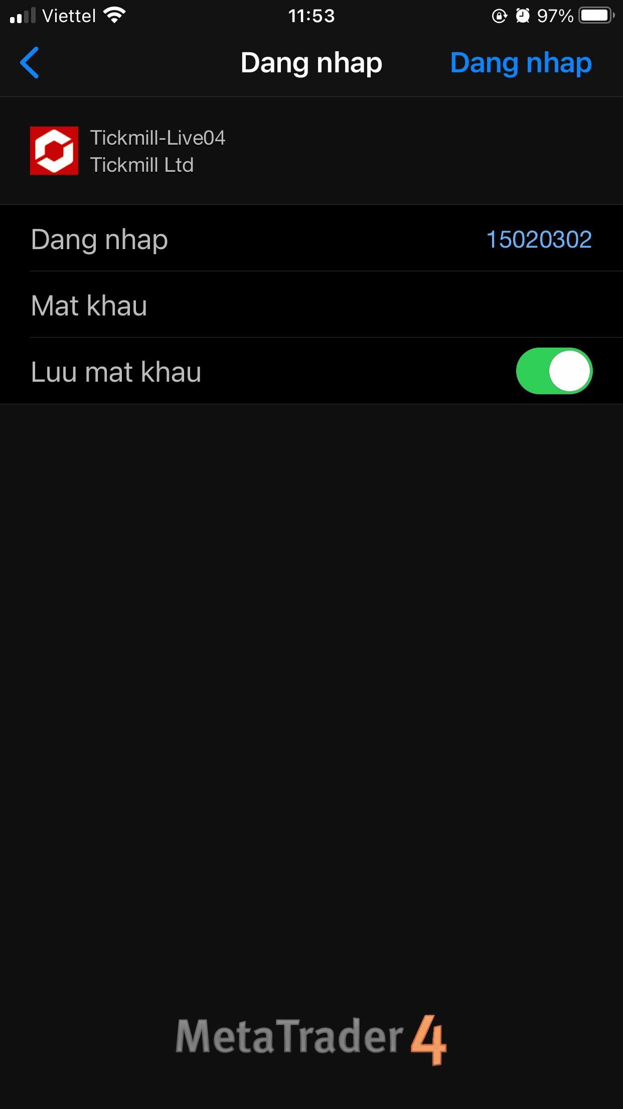Đăng nhập MT4 Tickmill trên điện thoại
