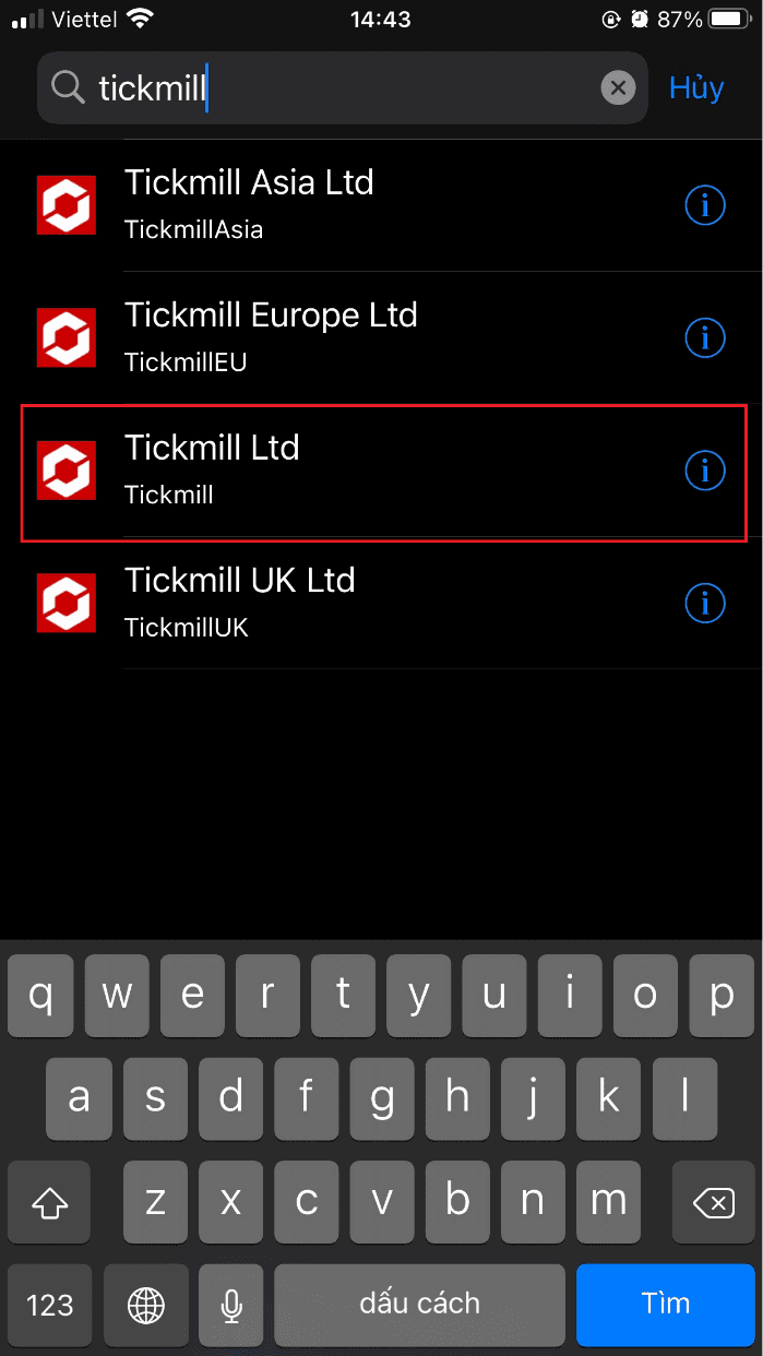 Đăng nhập MT5 Tickmill trên điện thoại