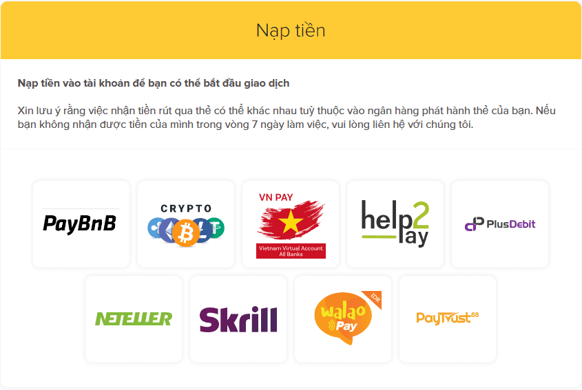 Các phương thức nạp tiền