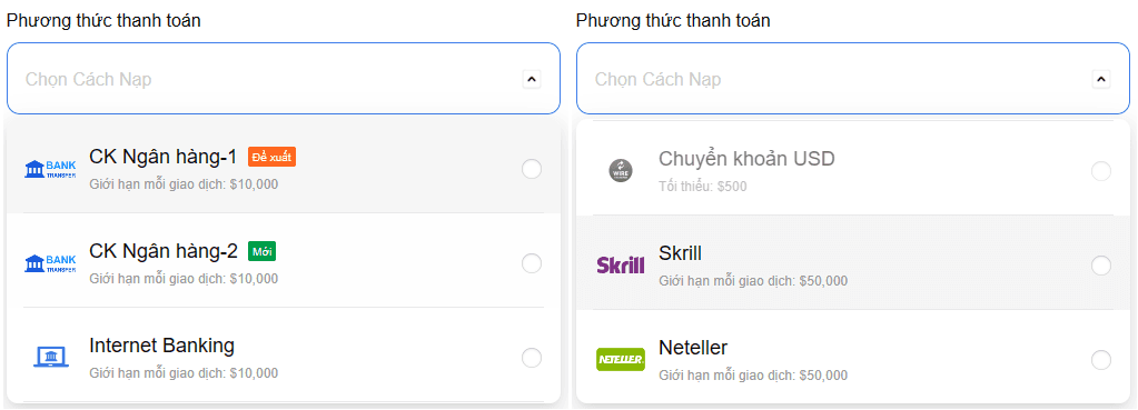 Các cổng nạp tiền sàn Mitrade