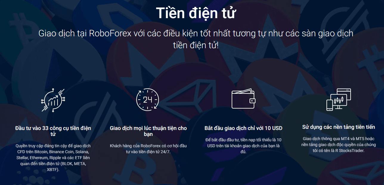 Các sản phẩm giao dịch sàn RoboForex – Tiền điện tử