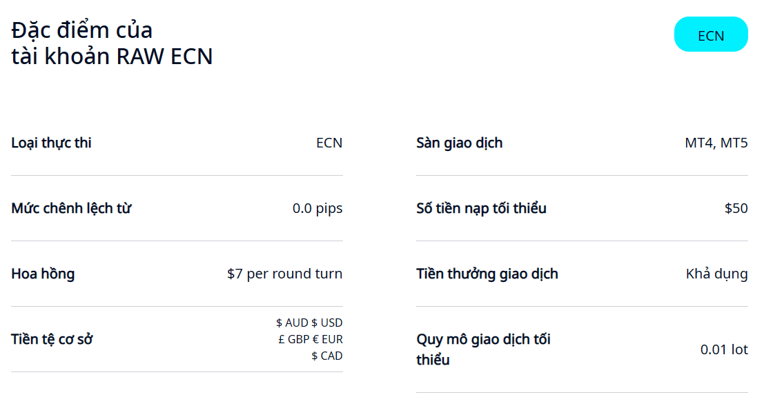 Đặc điểm của tài khoản RAW ECN