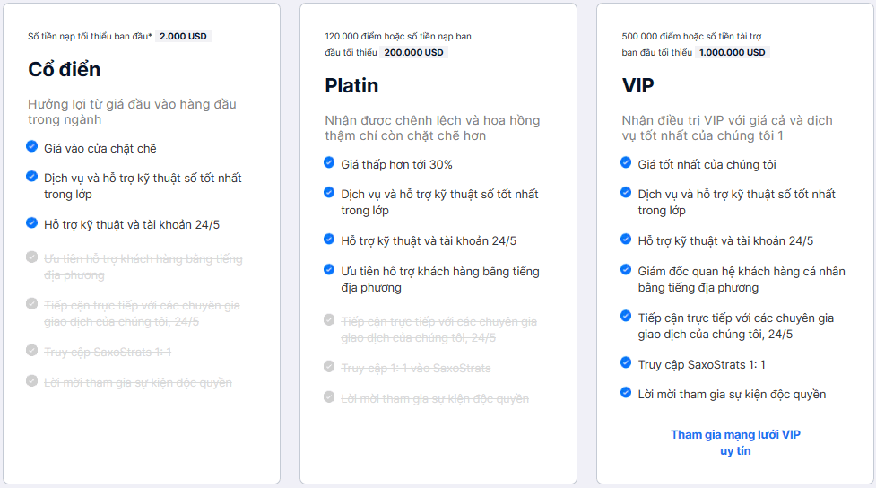 So sánh các cấp bậc được phân chia trong tài khoản Saxo