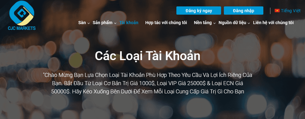 Các loại tài khoản sàn CJC Markets