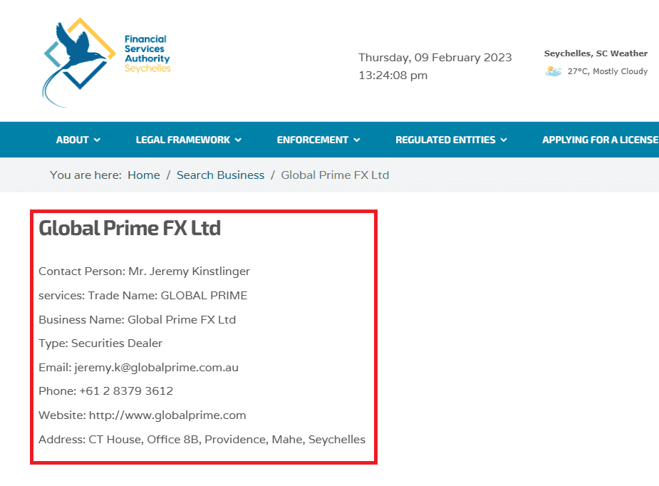 Giấy phép FSA sàn Global Prime